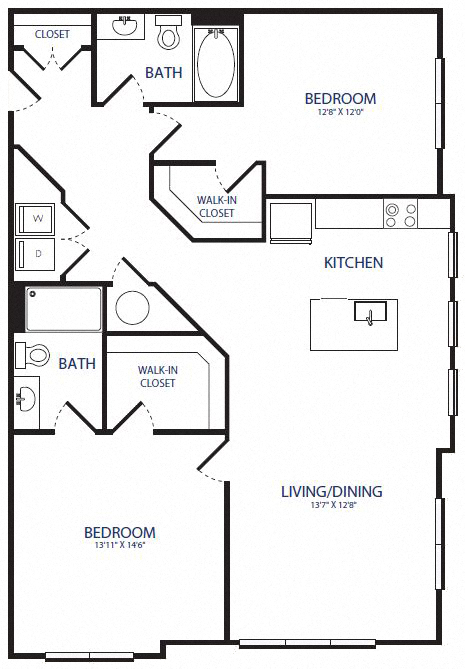 Floor plan for 2 beds, 2 baths, 1232 sqft